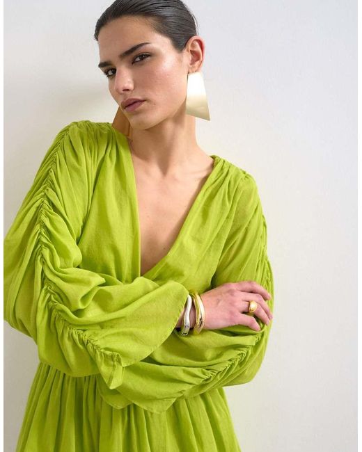 TOPSHOP Green Cotton Long Sleeved Deep Plunge Bubble Hem Mini Dress
