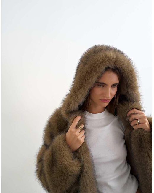 TOPSHOP Brown Faux Fur Longline Toggle Coat