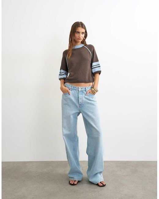 TOPSHOP Blue Knitted Short Sleeve Top With Tipping