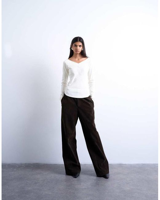 TOPSHOP White Rib Raglan V-neck Long Sleeve Top