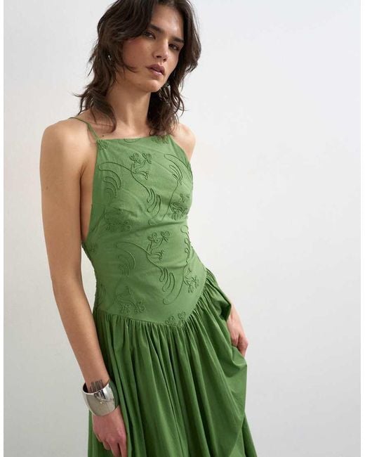 TOPSHOP Green Deep V Back Strappy Midi Sundress With Cording