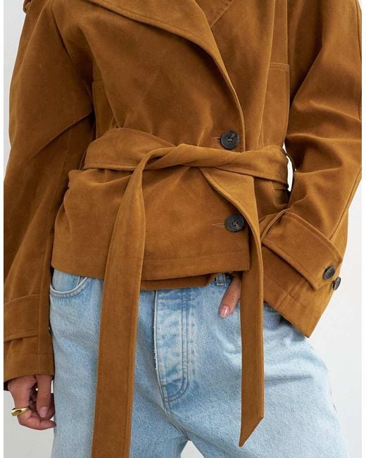 TOPSHOP Blue Faux Suede Belted Trench