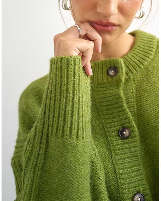 TOPSHOP Green Knitted Boxy Pointelle Deep Rib Cardigan