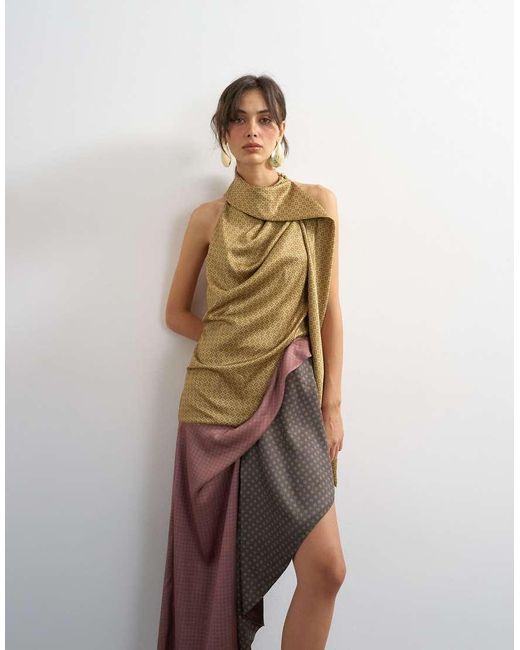 TOPSHOP Multicolor Premium Satin Halter Asymmetric Mini Dress With Scarf Detail