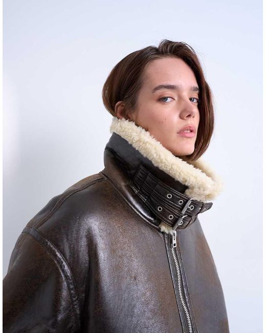 TOPSHOP White Oversized Tab Detail Shearling Bomber Jacket