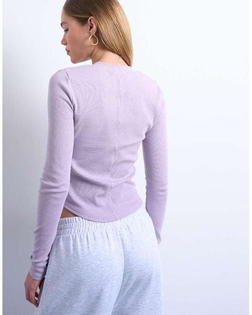 TOPSHOP Purple Rib Long Sleeve Curved Hem Top