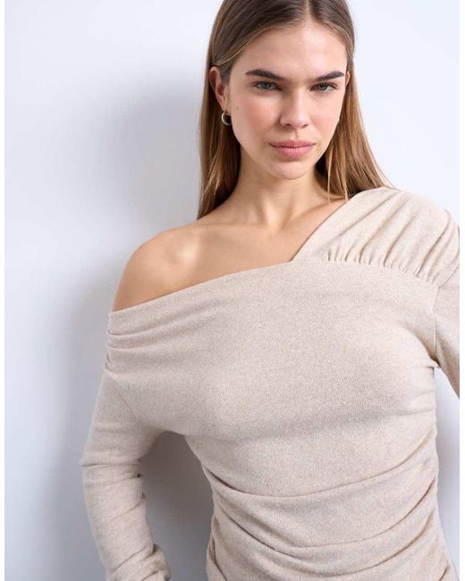 TOPSHOP Gray Ruched Off Shoulder Long Sleeve Top
