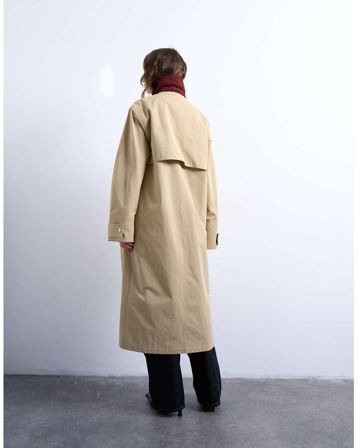 TOPSHOP White Longline Oversized Funnel Trench Coat With Contrast Collar And Buckle Detail