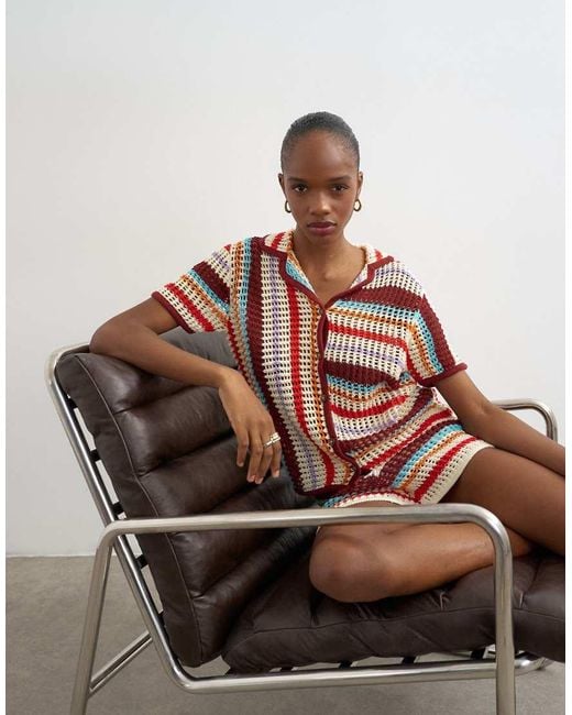TOPSHOP Brown Knitted Crochet Stripe Co-Ord Shirt