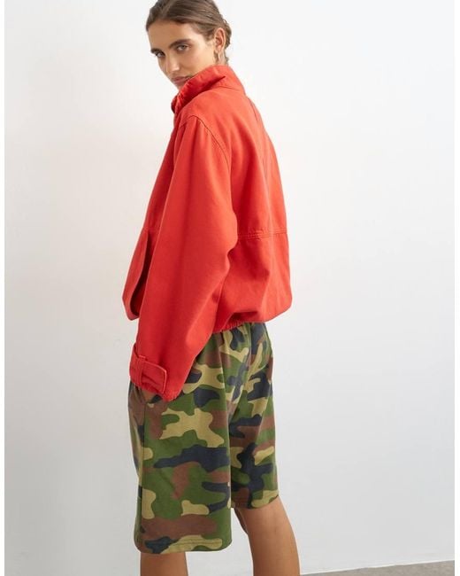 TOPSHOP Red Denim Funnel Neck Bubble Hem Top