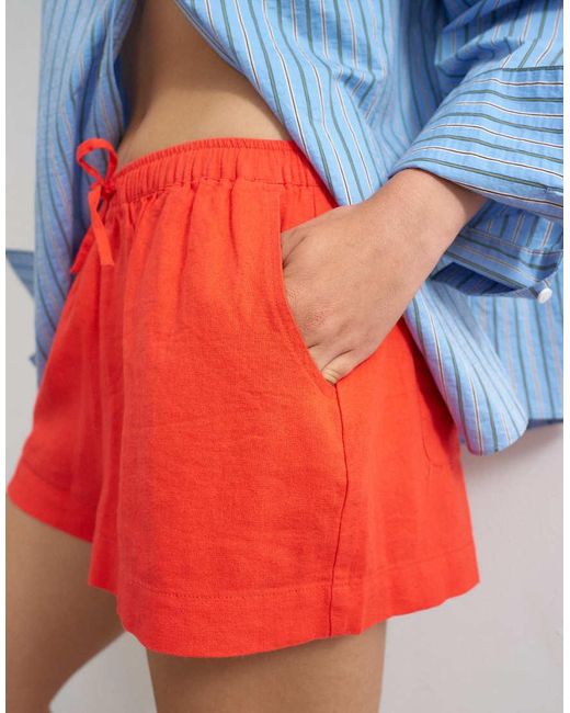 TOPSHOP Red Linen Mini Short With Drawcord