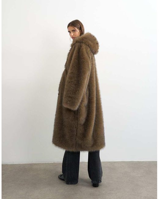 TOPSHOP Brown Faux Fur Longline Toggle Coat