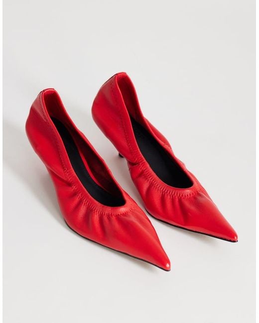 TOPSHOP Red Arizona Faux Leather Ruched Kitten Heel Court Shoes