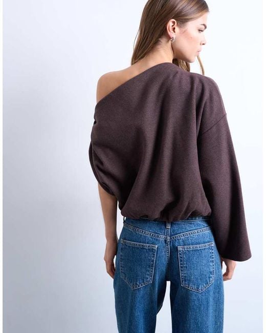 TOPSHOP Brown Soft Touch Off Shoulder Knot Side Long Sleeve Top