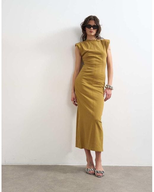 TOPSHOP Green Shoulder Pad Sleeveless Maxi Dress