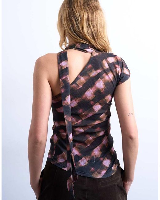 TOPSHOP Brown Ruched Check Print Scarf Detail Asymmetric Hem Top