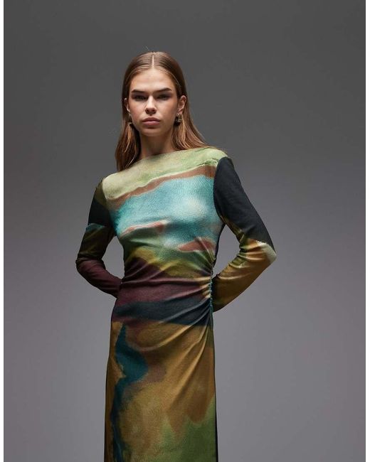 TOPSHOP Gray Abstract Print Long Sleeve Maxi Dress