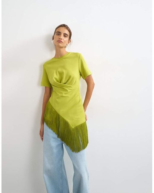 TOPSHOP Green Fringed Wrap Front Tassel Hem Tee