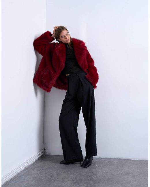 TOPSHOP Red Faux-fur Short Jacket With Buttons