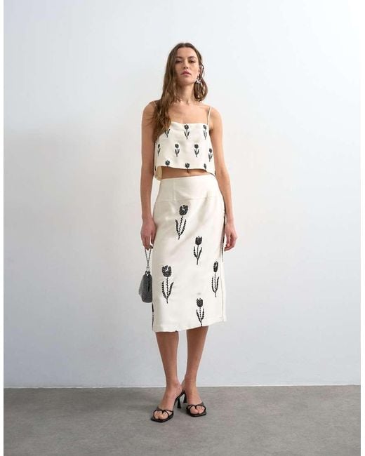 TOPSHOP White Placement Embroidery Satin Midi Skirt