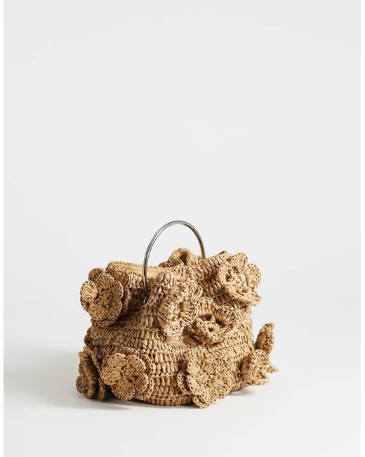 TOPSHOP Natural Millie Small Straw Flower Grab Bag With Metal Handle