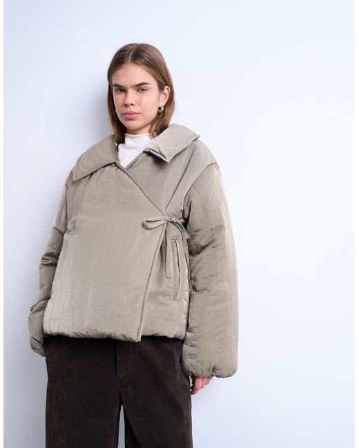 TOPSHOP Natural Short Tie Waist Puffer Jacket