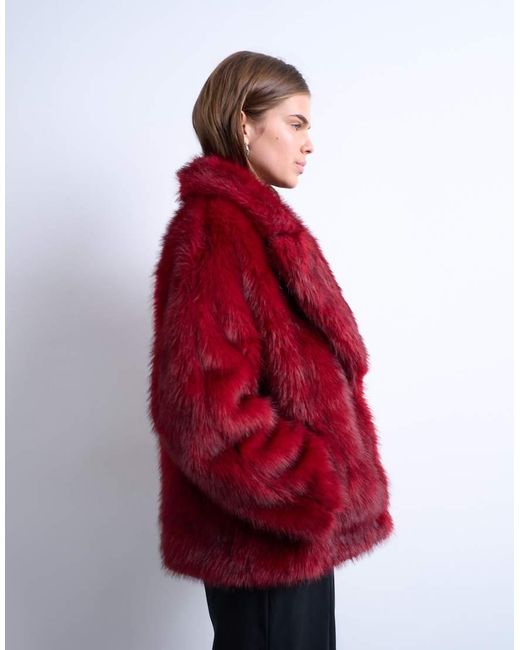 TOPSHOP Red Faux-fur Short Jacket With Buttons