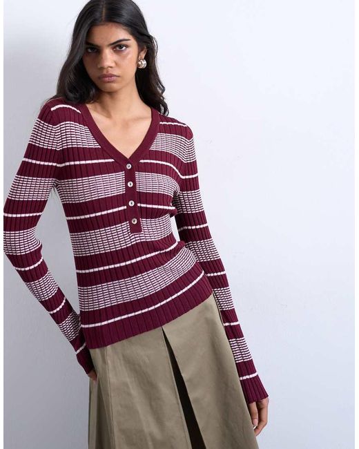 TOPSHOP Purple Knitted V Neck Striped Long Sleeve Top