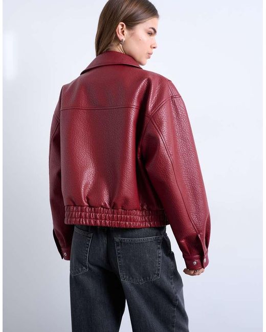 TOPSHOP Red Faux Leather Bubble Boxy Zip Through Pocket Bomber Jacket