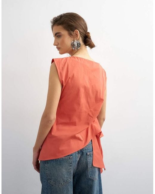 TOPSHOP Orange Slash Neck Twist Side Top