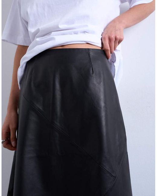 TOPSHOP White Real Leather Lace Insert Midi Skirt
