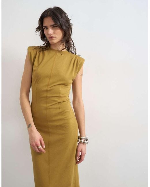 TOPSHOP Green Shoulder Pad Sleeveless Maxi Dress