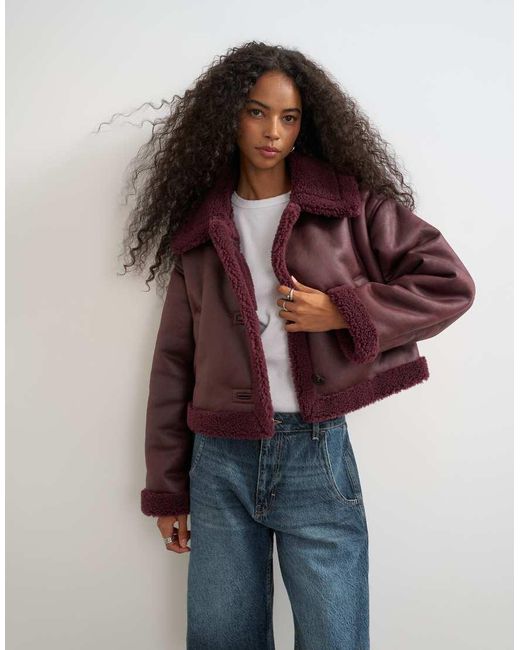 TOPSHOP Red Cropped Shearling Jacket
