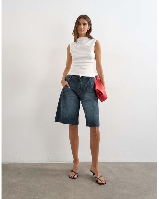 TOPSHOP White Asymmetric Button Detail Short Sleeve Top