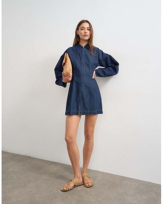 TOPSHOP Blue Denim Zip Through Mini Dress With Ovoid Sleeve
