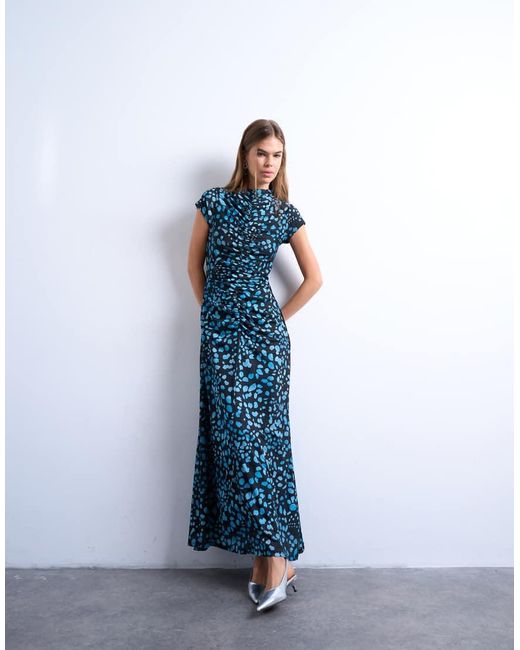 TOPSHOP Blue Animal Print Cap Sleeve Ruched Maxi Dress
