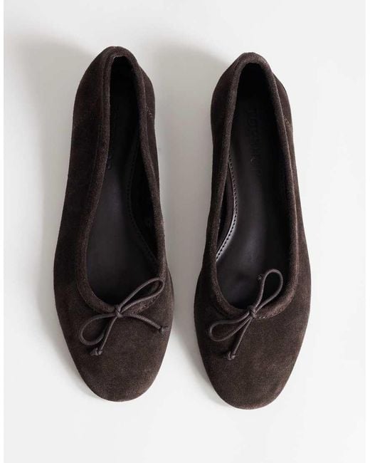 TOPSHOP Brown Dottie Real Suede Block Heel Ballet Shoe