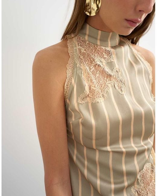 TOPSHOP Natural Premium Halter Neck Top With Contrast Lace Detail
