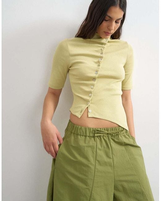 TOPSHOP Multicolor High Neck Ruffle Button Through Half Sleeve Top