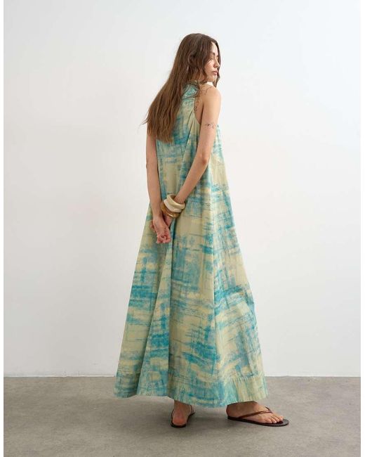 TOPSHOP Green Cotton Poplin Ruched Neck Maxi Sundress