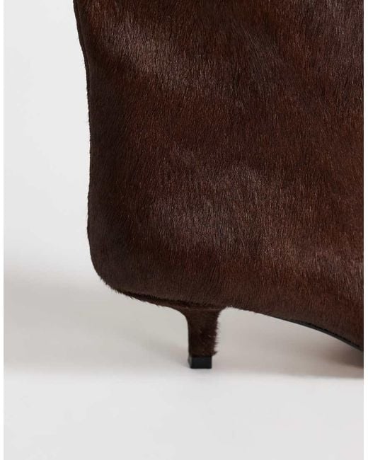 TOPSHOP Brown Tina Hair-on Real Leather Kitten Heel Knee Boots