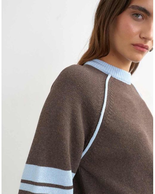 TOPSHOP Blue Knitted Short Sleeve Top With Tipping
