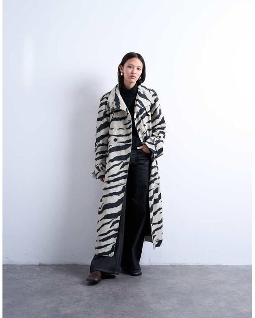 TOPSHOP White Zebra Print Funnel Neck Trench Coat