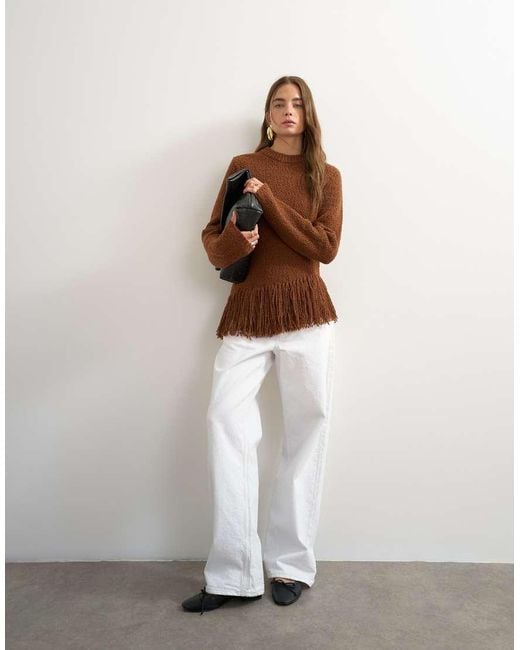 TOPSHOP Brown Knitted Asymmetric Fringe Jumper