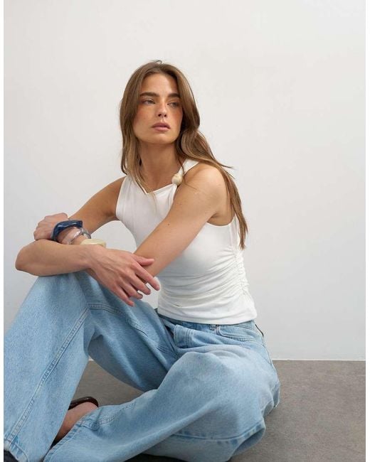 TOPSHOP Blue Knot Detail Beaded Ruched Tank