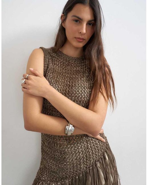 TOPSHOP Natural Knit Sleeveless Tape Fish Net Asymmetric Fringing Tassel Top