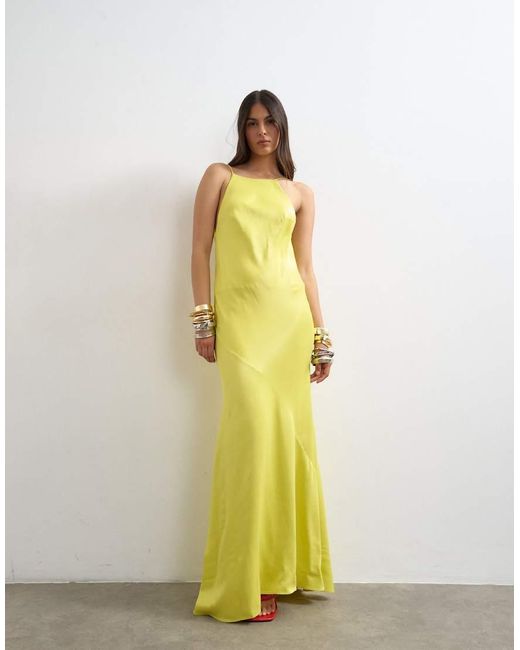 TOPSHOP Green Satin Bias Halter Neck Open Scoop Back Maxi Dress