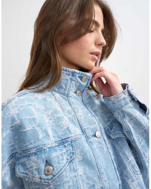 TOPSHOP Blue Denim Funnel Neck Elastic Hem Detail Jacket Ultra-Distressed