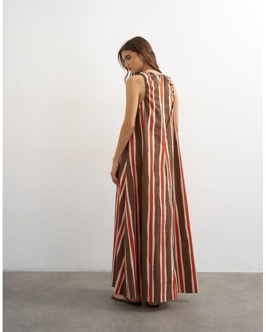 TOPSHOP Brown Cotton Poplin Ruched Neck Maxi Sundress