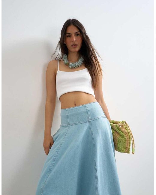 TOPSHOP Blue Denim Barrel Seamed Maxi Skirt